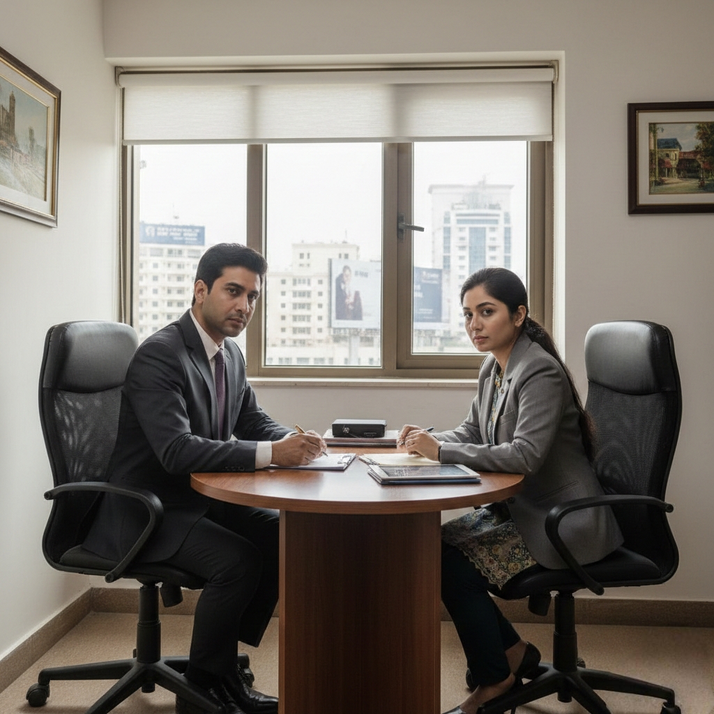 Confidential business discussion in a Pakistani corporate office