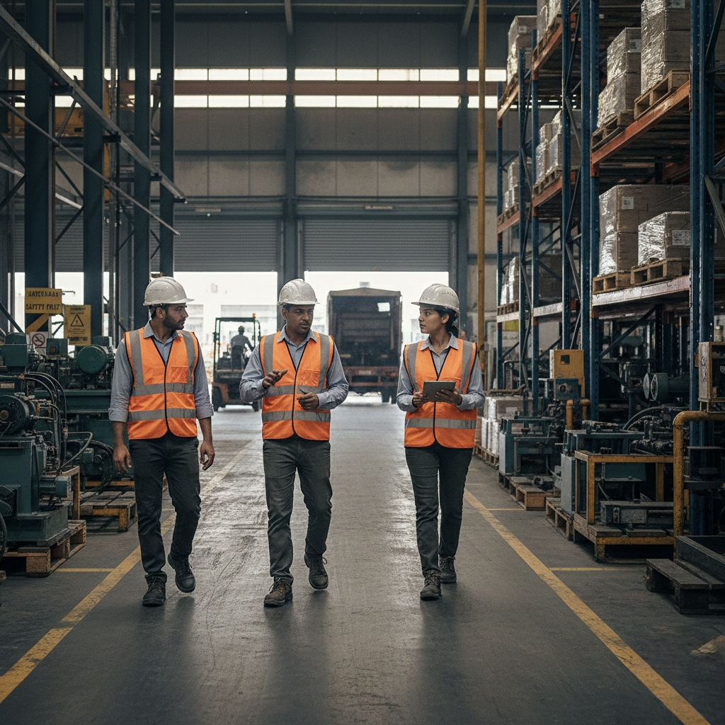 Pakistani industrial site walk with leadership and operations managers